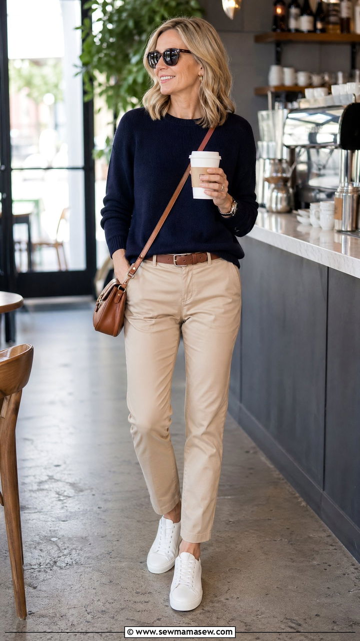 Chino pants and knit sweater outfit - 35 What to wear in spring for women over 40