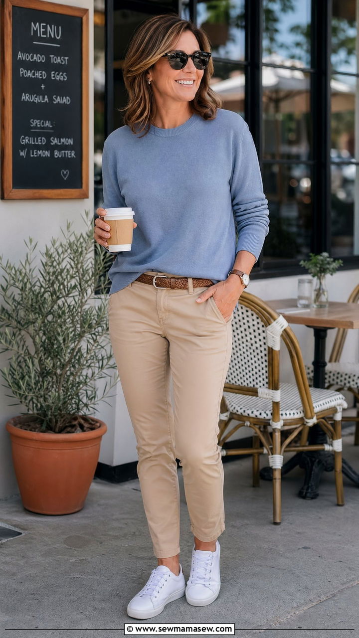 Chino pants with a crewneck sweater - 35 Casual outfits for women over 40