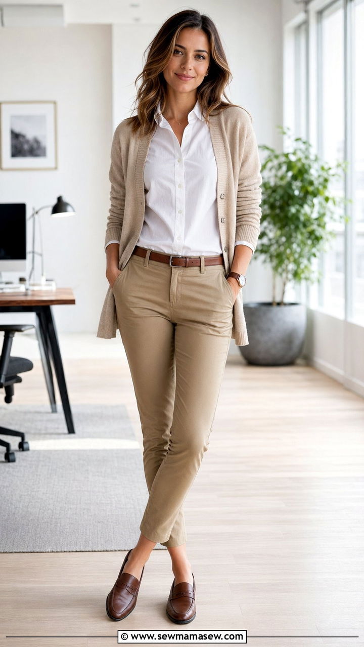 Chinos with a Button Down Shirt and Cardigan - 30 Work outfit ideas for casual Friday