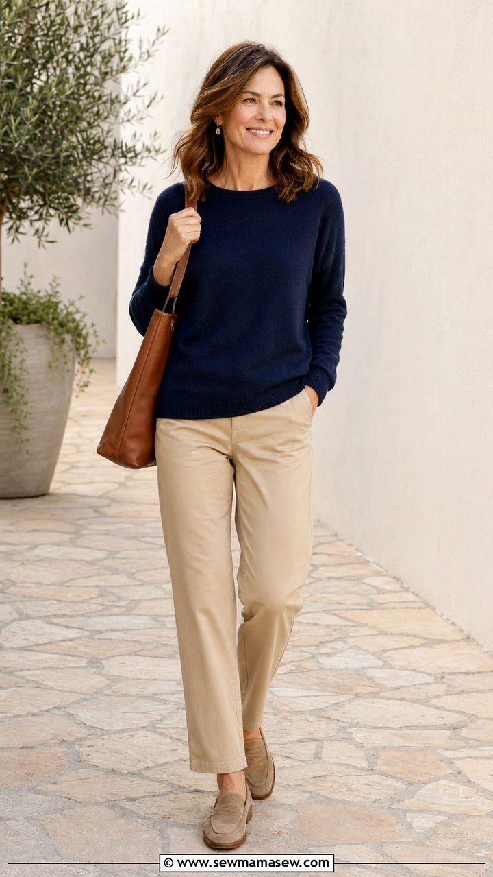 Chinos with a Lightweight Sweater Outfit for Women Over 40 - 30 Best pants for women over 40