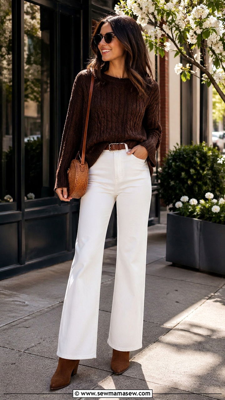 Chocolate Brown Cable Knit Sweater with White Jeans - 40 All chocolate brown outfit ideas