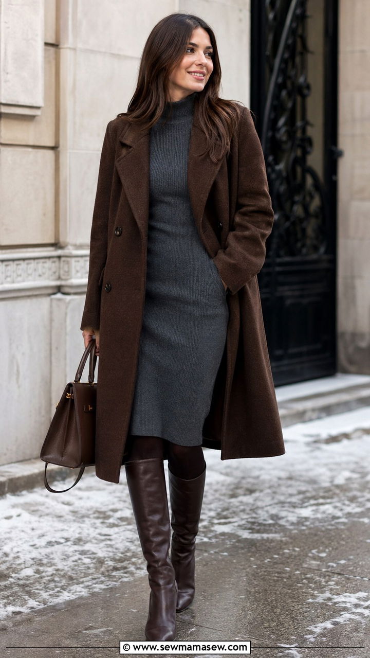 Chocolate Brown Coat with a Grey Knit Dress - 40 All chocolate brown outfit ideas