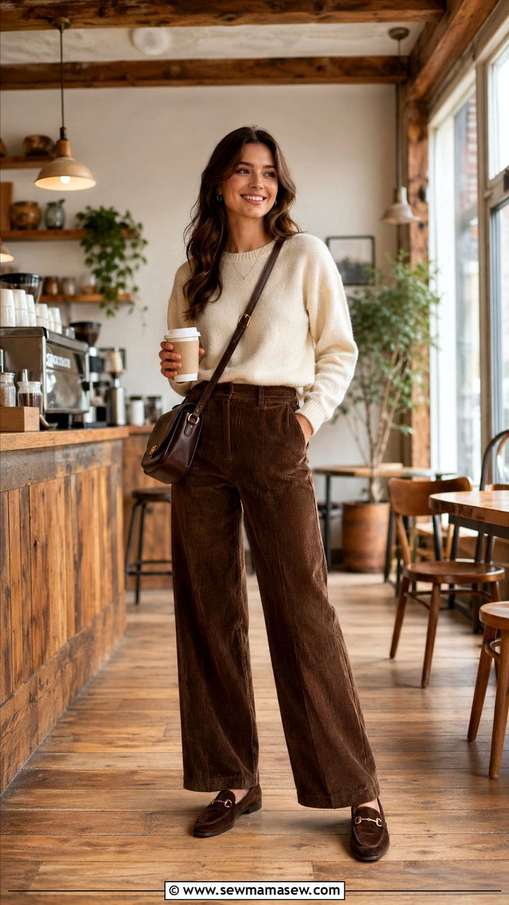 Chocolate Brown Corduroy Pants with a Cream Sweater - 40 All chocolate brown outfit ideas