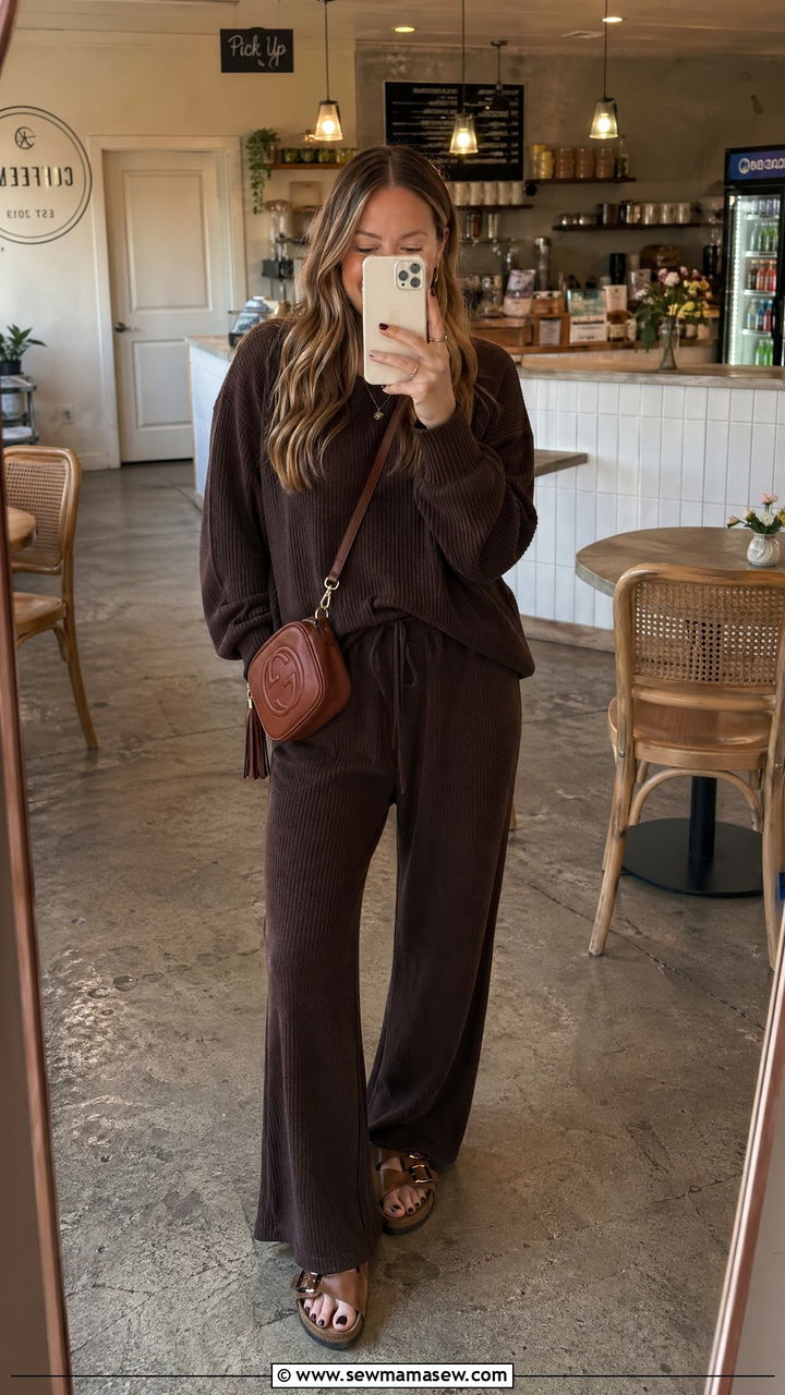 Chocolate Brown Knit Set With Cork Sandals And A Crossbody - 35 Cork outfit ideas