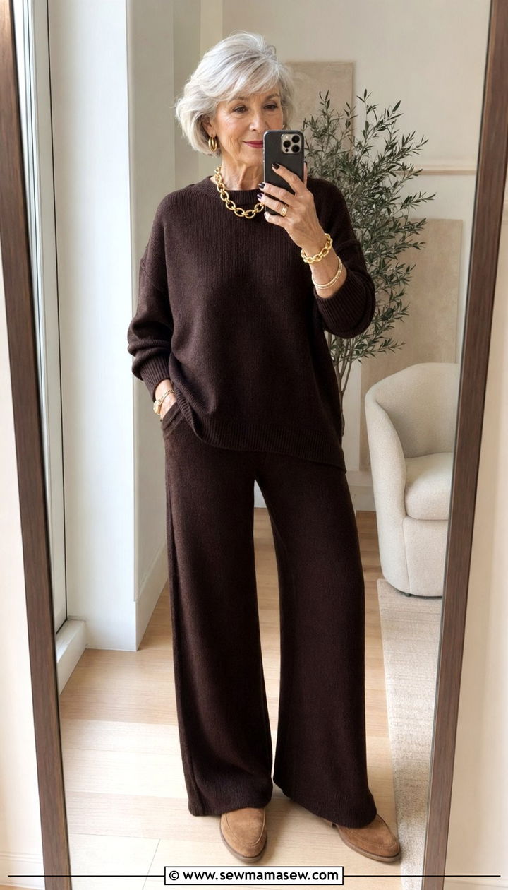 Chocolate Brown Knit Set with Gold Jewelry - 35 Outfit ideas for women over 70 2026