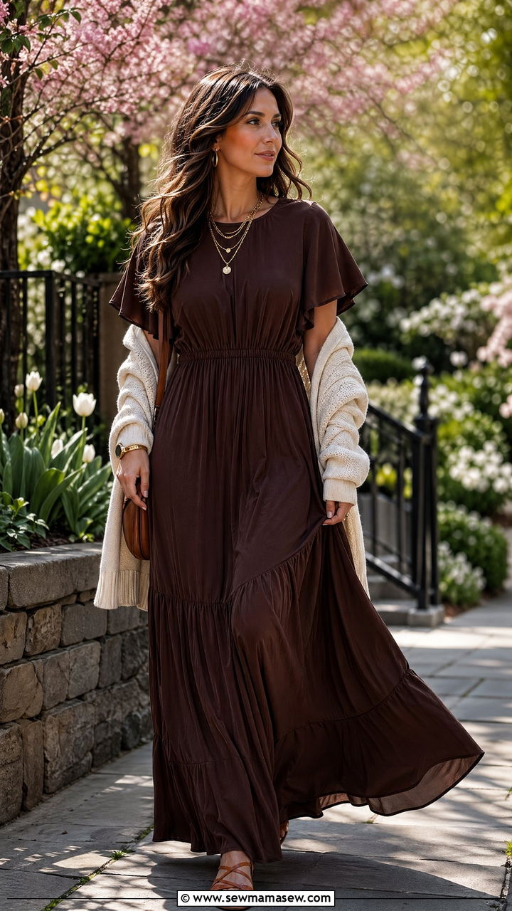 Chocolate Brown Maxi Dress With Gold Jewelry - 35 Spring outfits in brown