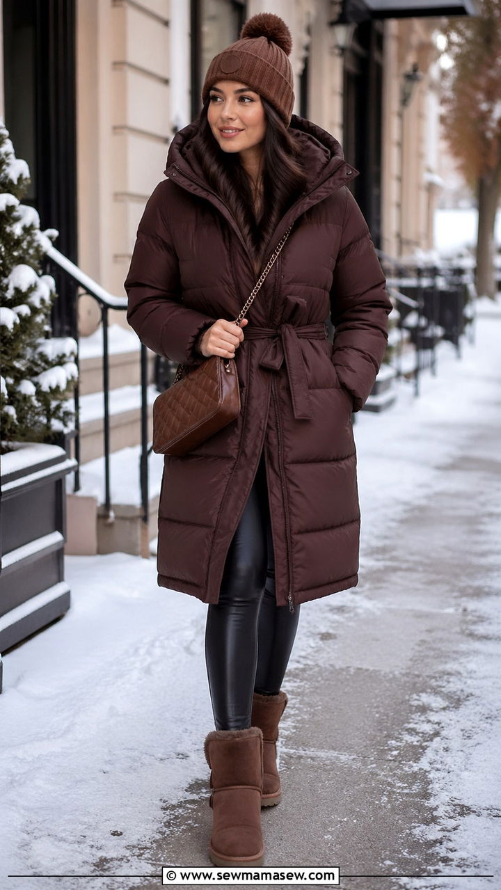 Chocolate Brown Puffer Coat with Faux Leather Leggings - 40 All chocolate brown outfit ideas