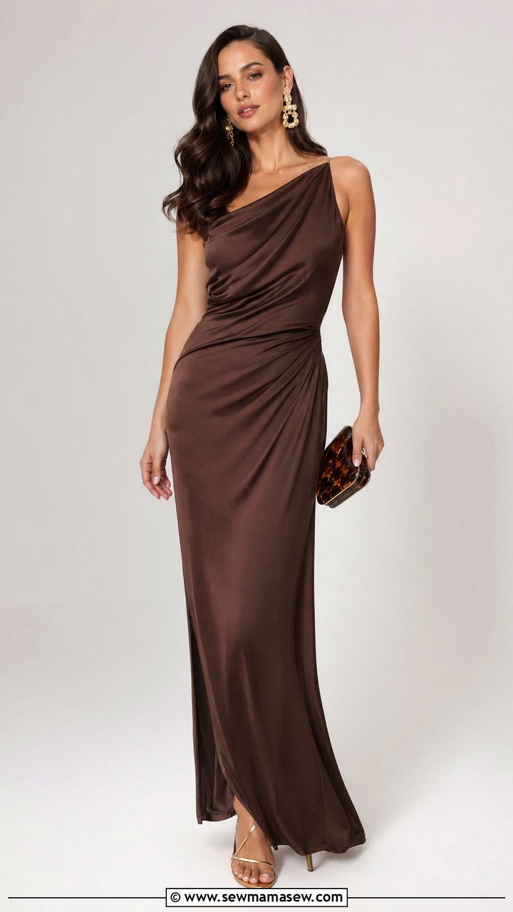Chocolate Brown Satin Asymmetric Dress - 30 Wedding guest outfits spring 2026
