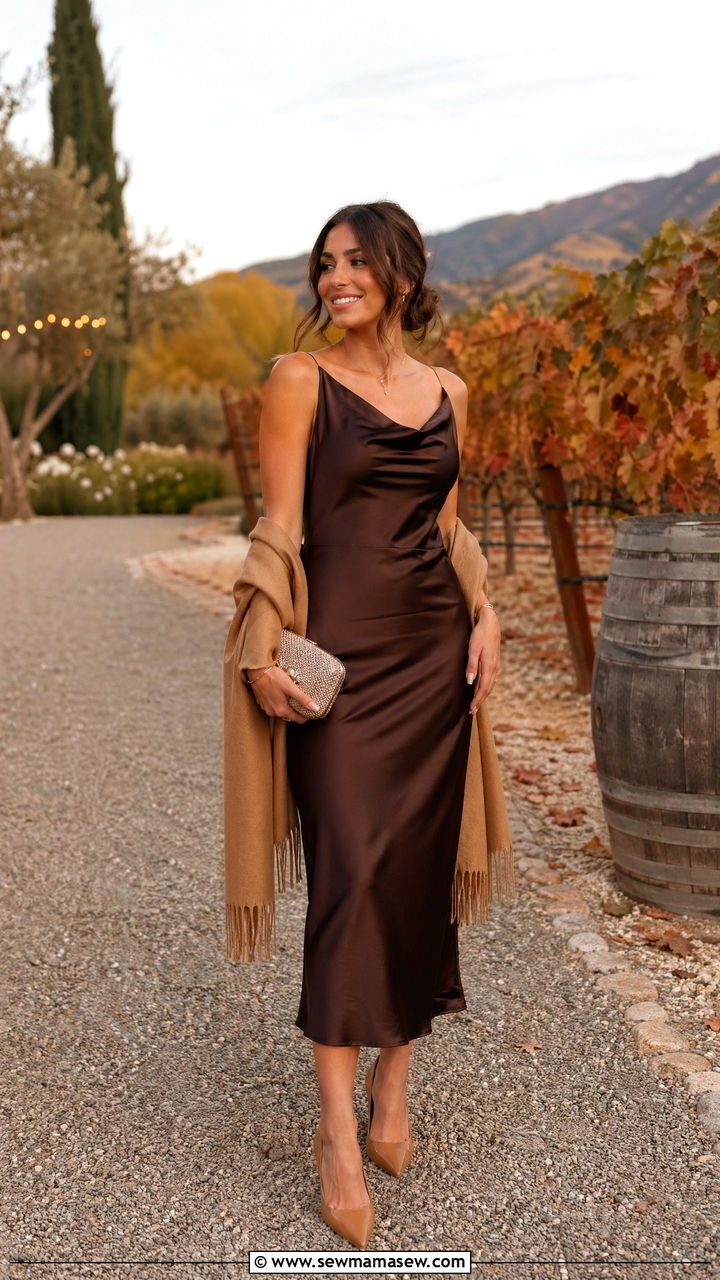 Chocolate Brown Satin Midi with Camel Shawl - 35 Vineyard wedding guest outfits