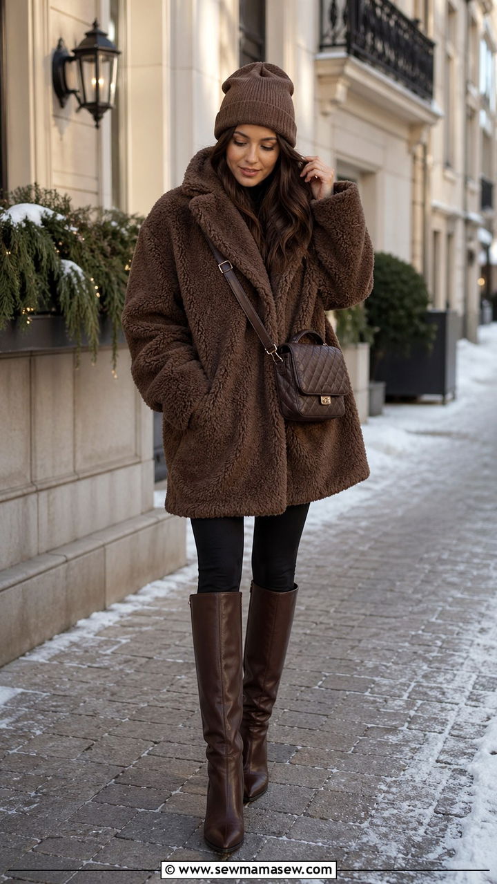 Chocolate Brown Teddy Coat with Leggings and Boots - 40 All chocolate brown outfit ideas