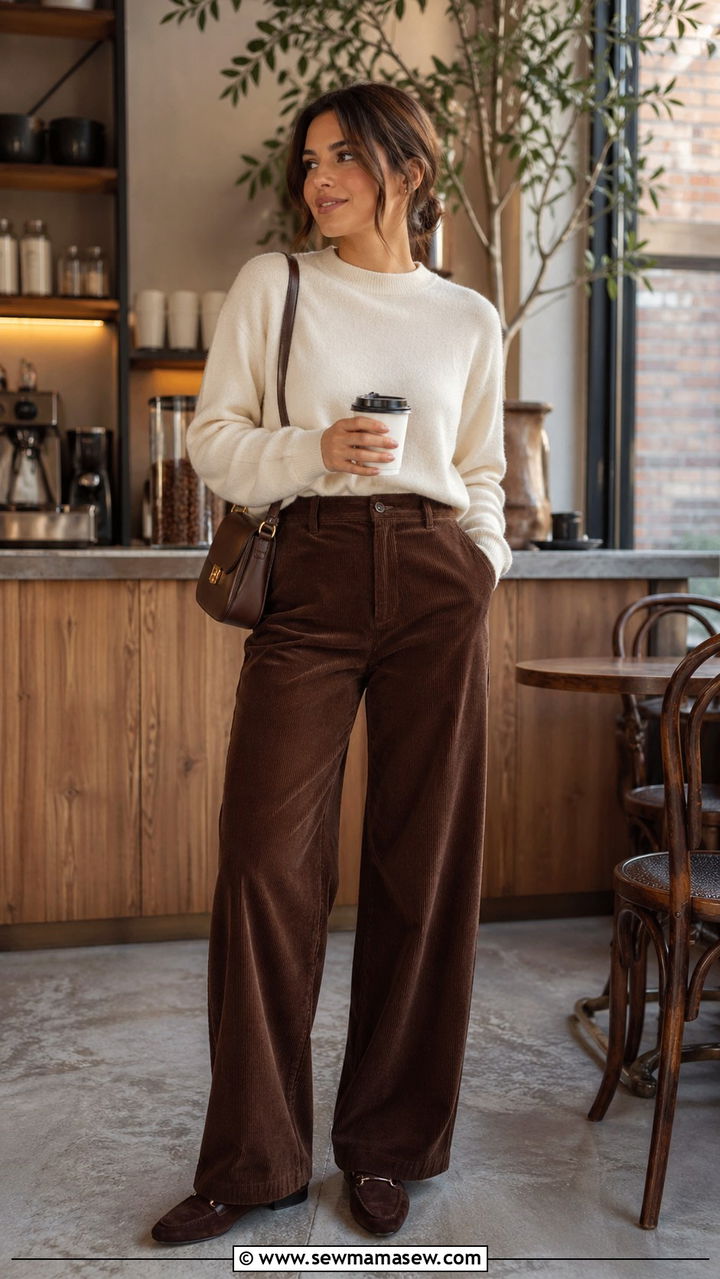 Chocolate Brown Trousers with an Olive Green Sweater - 40 All chocolate brown outfit ideas