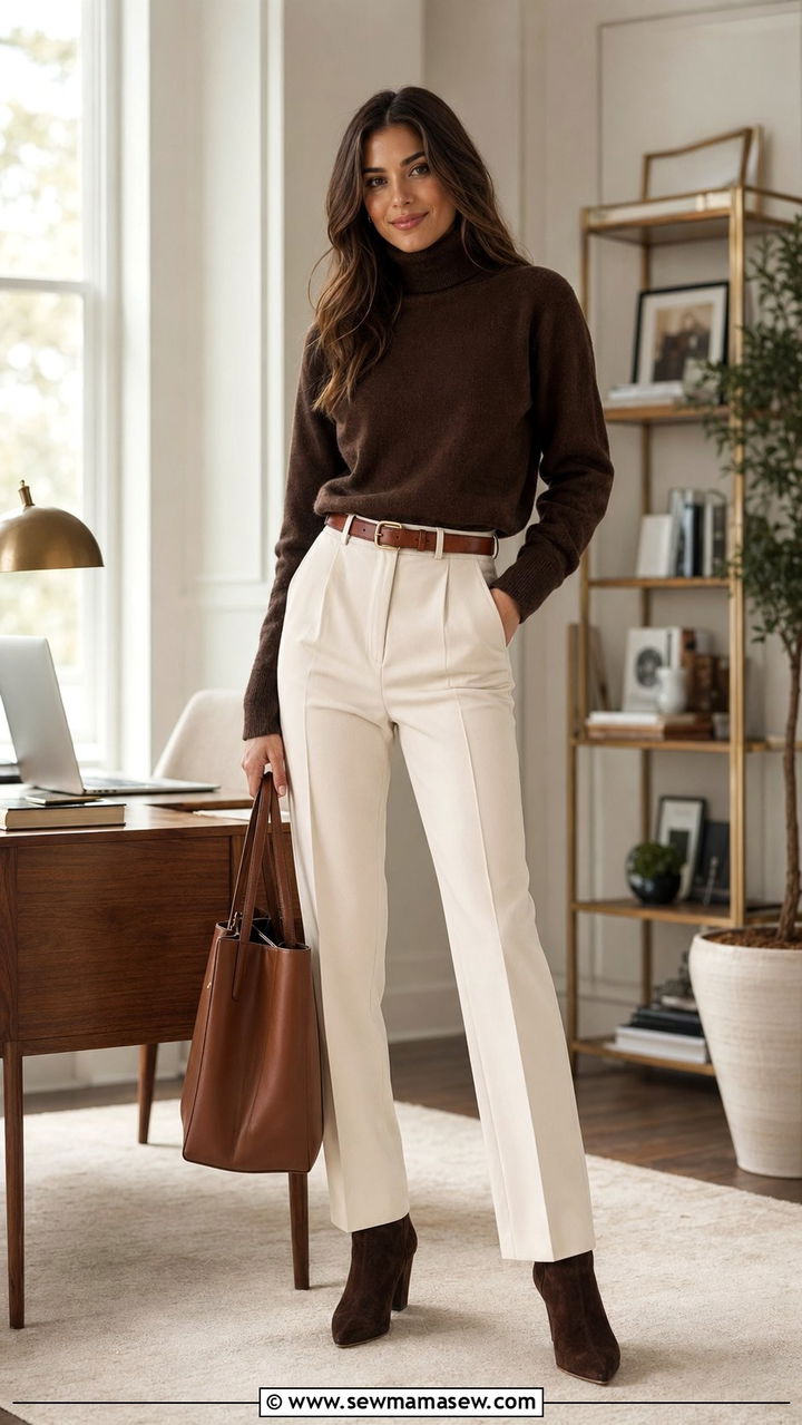 Chocolate Cashmere Turtleneck and Ivory Trousers - 35 Quiet luxury work outfits