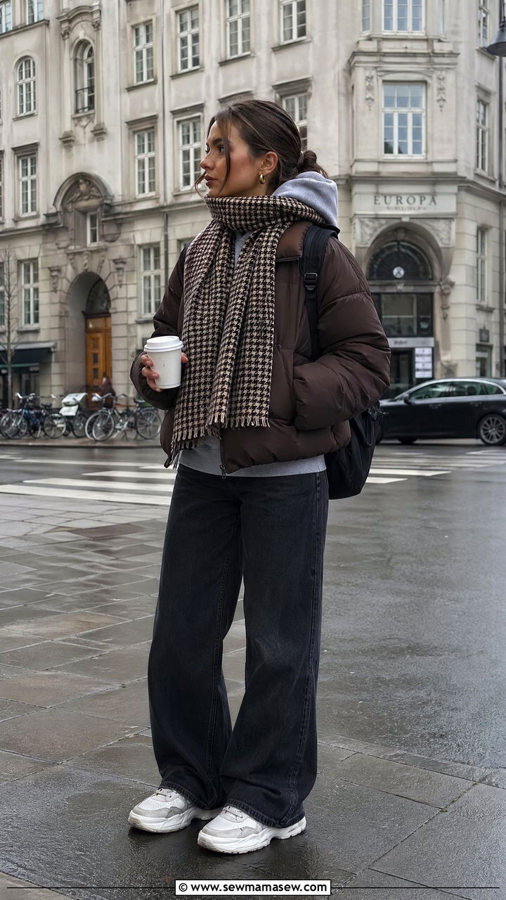 Chocolate Puffer Jacket With Wide Leg Black Jeans Outfit - 35 Copenhagen outfit ideas