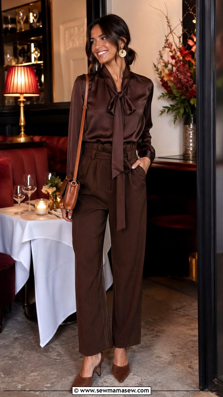 Chocolate Silk Tie Neck Blouse and Paperbag Waist Trouser Set - 30 Silk matching set outfit ideas