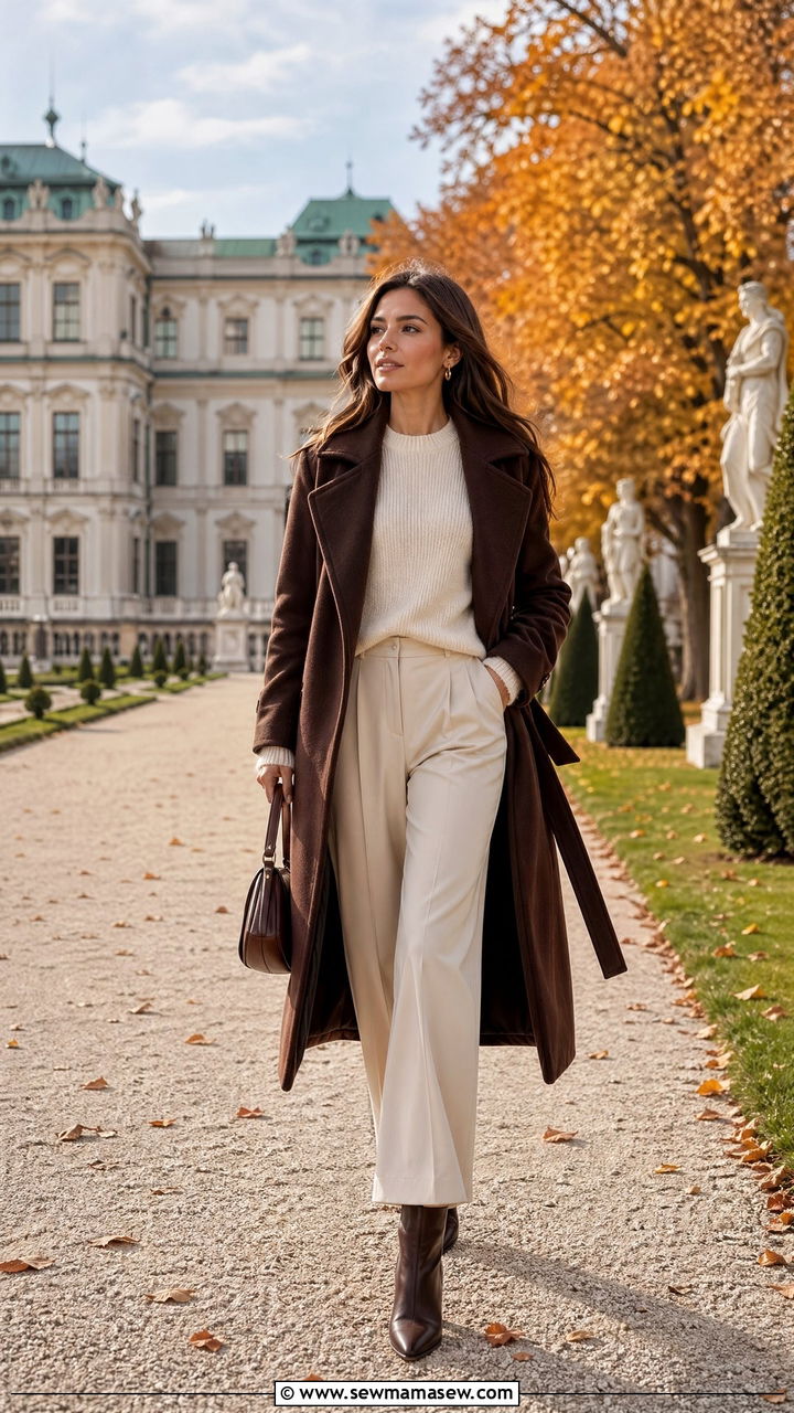 Chocolate Wool Coat With Cream Knit And Wide Leg Trousers - 35 Vienna outfit ideas