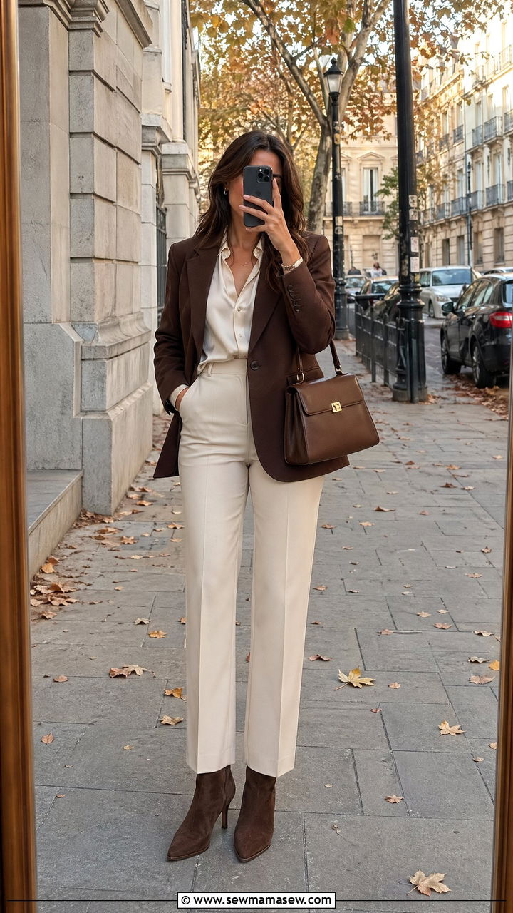 Chocolate brown blazer with cream trousers - 35 Stealth wealth outfit ideas