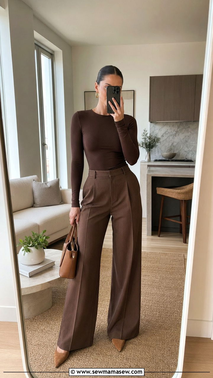 Chocolate brown bodysuit with tailored wide leg trousers - 35 Parisian cafe outfit ideas
