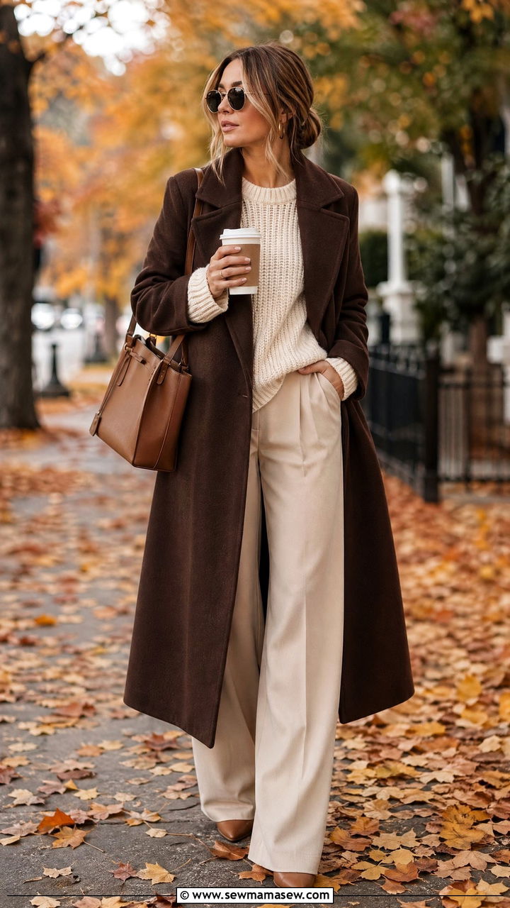 Chocolate brown coat with cream knit and beige trousers - 35 classy outfit ideas for women