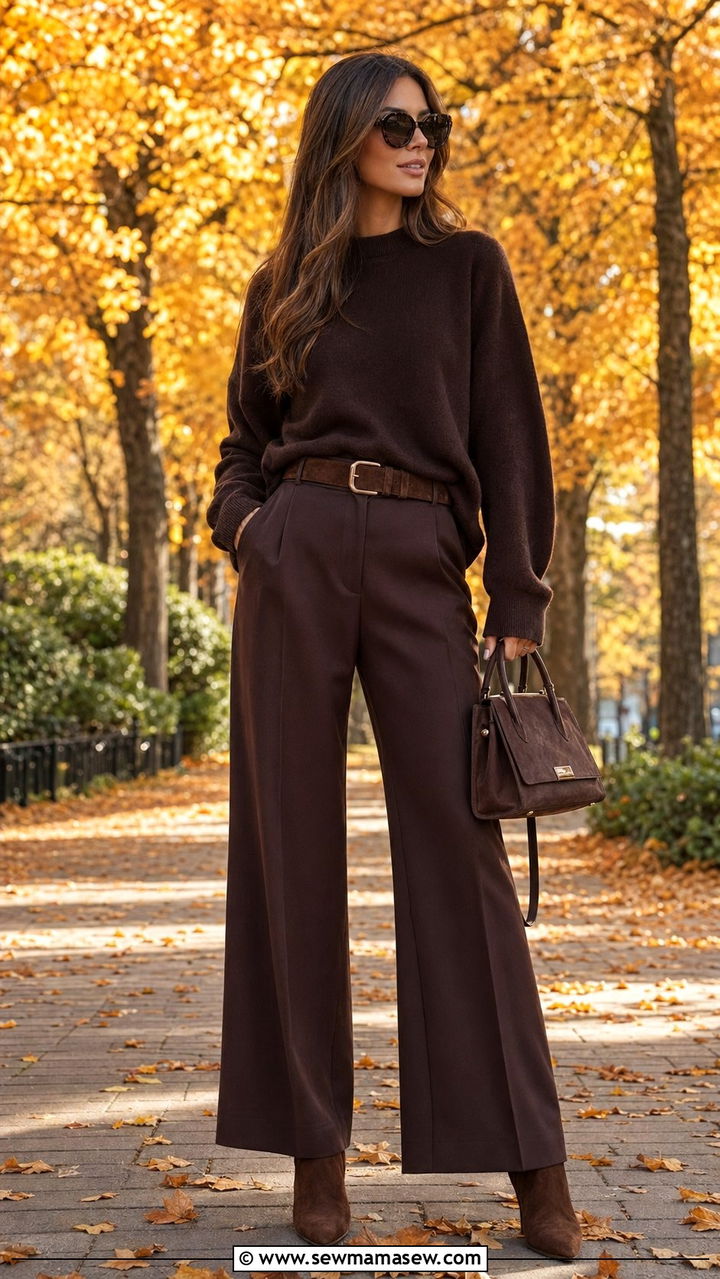 Chocolate brown monochrome outfit with suede accessories - 35 quiet luxury outfits ideas