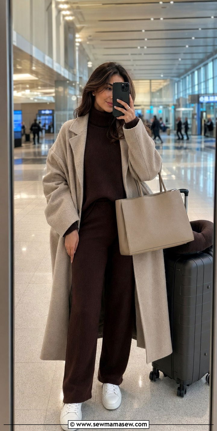 Chocolate knit set and white sneakers travel look - 30 Airport outfit ideas Parisian