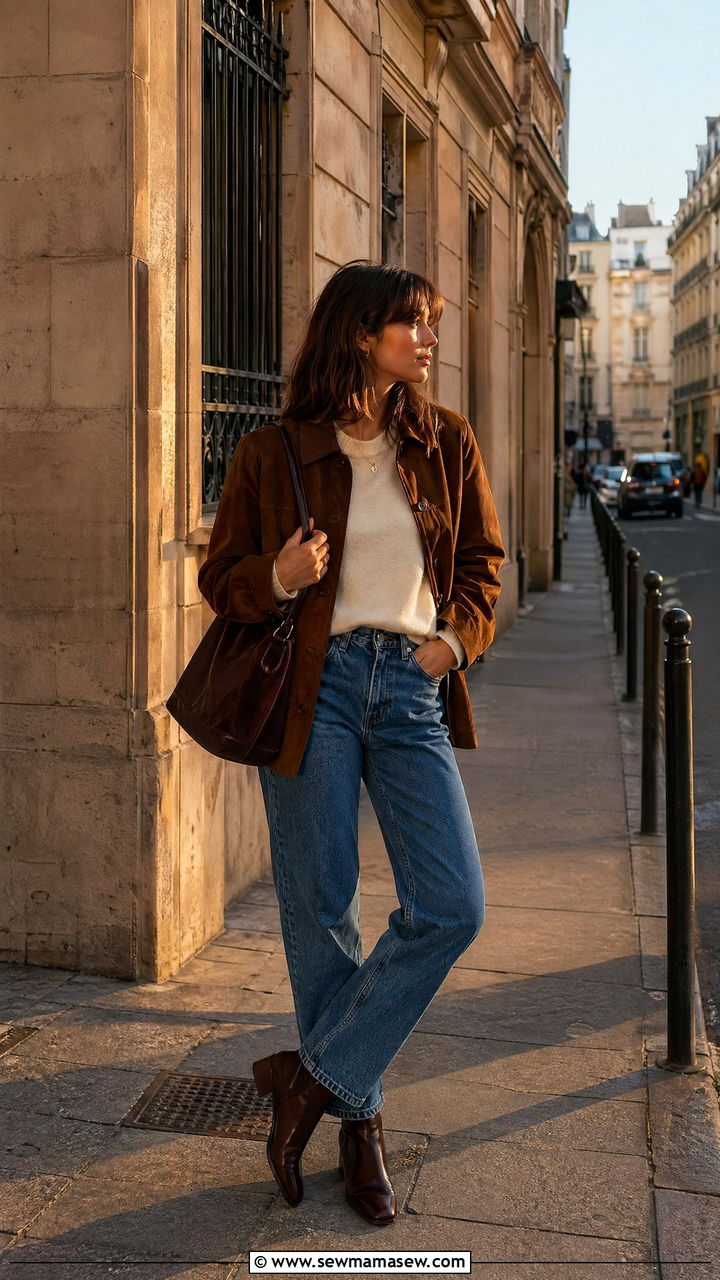Chocolate suede jacket with cream sweater and blue jeans - 35 transitional french girl outfit ideas