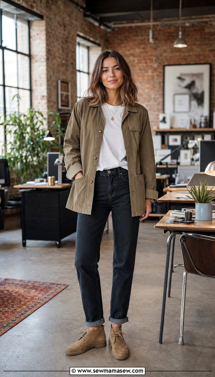 Chore Coat Over a White Tee and Dark Denim - 30 Work outfits for creative agency