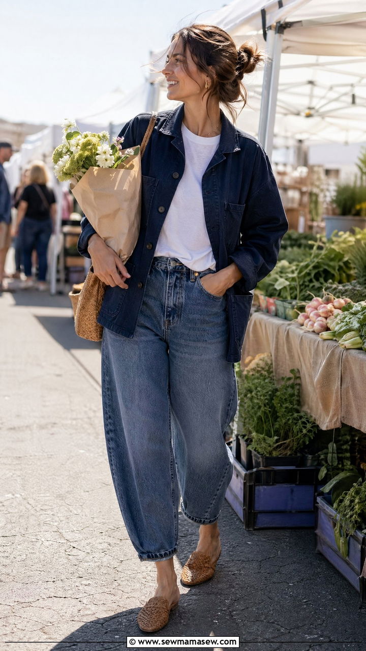 Chore Coat With Relaxed Tee And Barrel Leg Jeans - 35 Windy spring outfits