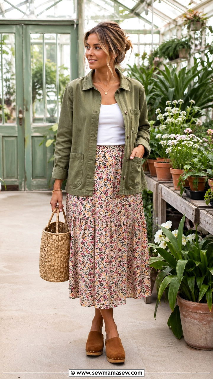 Chore Jacket With Midi Skirt And Clogs - 30 spring cottagecore outfits
