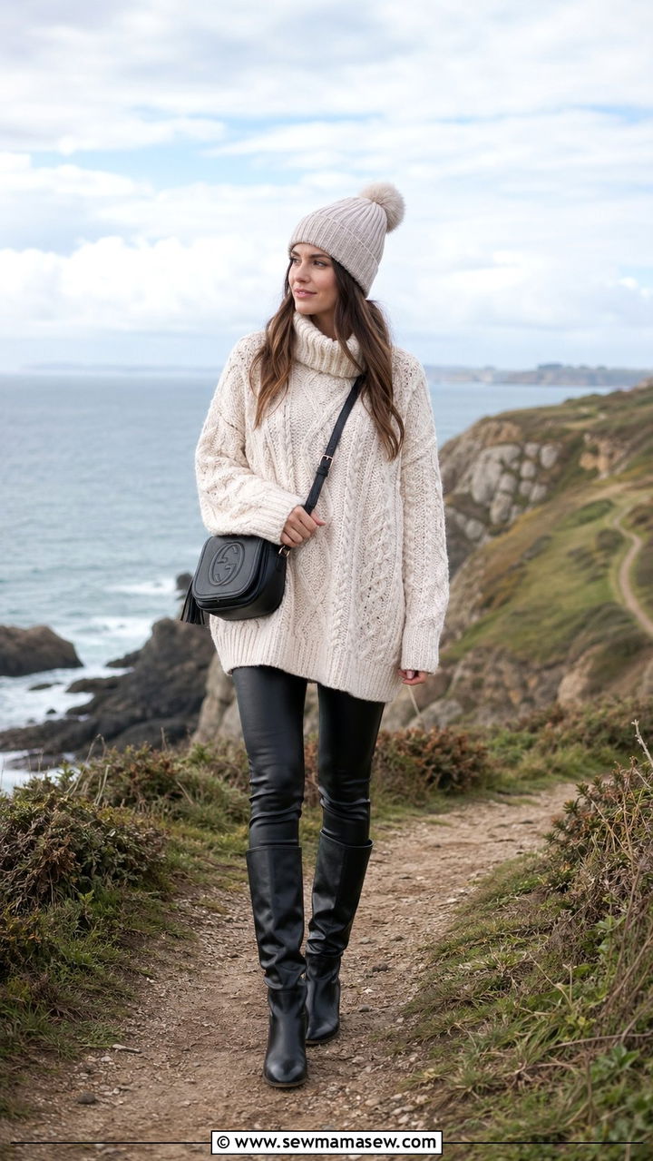 Chunky Cable Knit Sweater with Leather Leggings - 35 Nautical outfit ideas