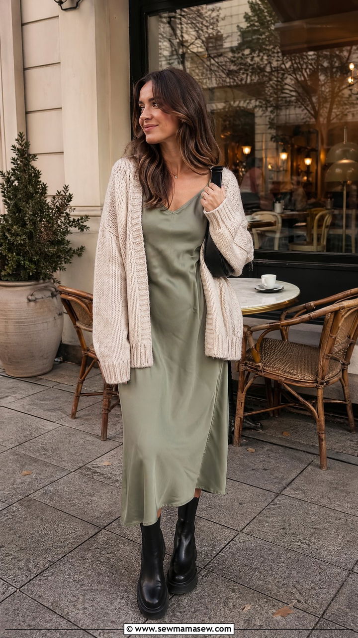 Chunky Cardigan Over Slip Dress And Platform Boots - 35 Warsaw outfit ideas