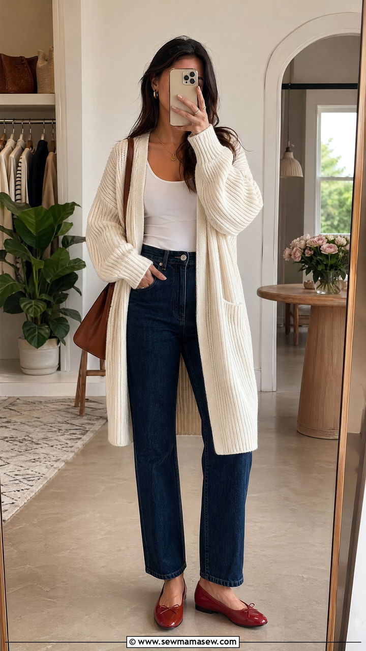 Chunky Cardigan With High Waist Straight Jeans and Ballet Flats - 35 Spring transition outfits