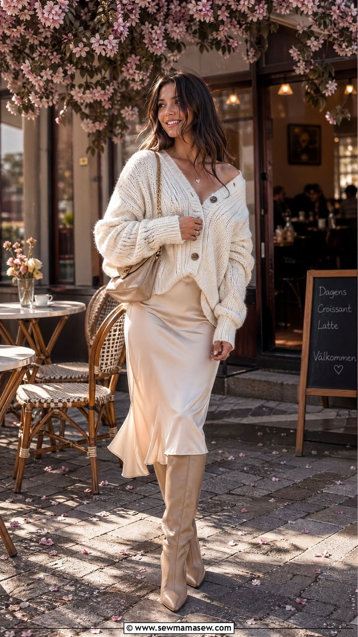 Chunky Cardigan With Satin Slip Skirt And Knee High Boots - 35 Windy spring outfits
