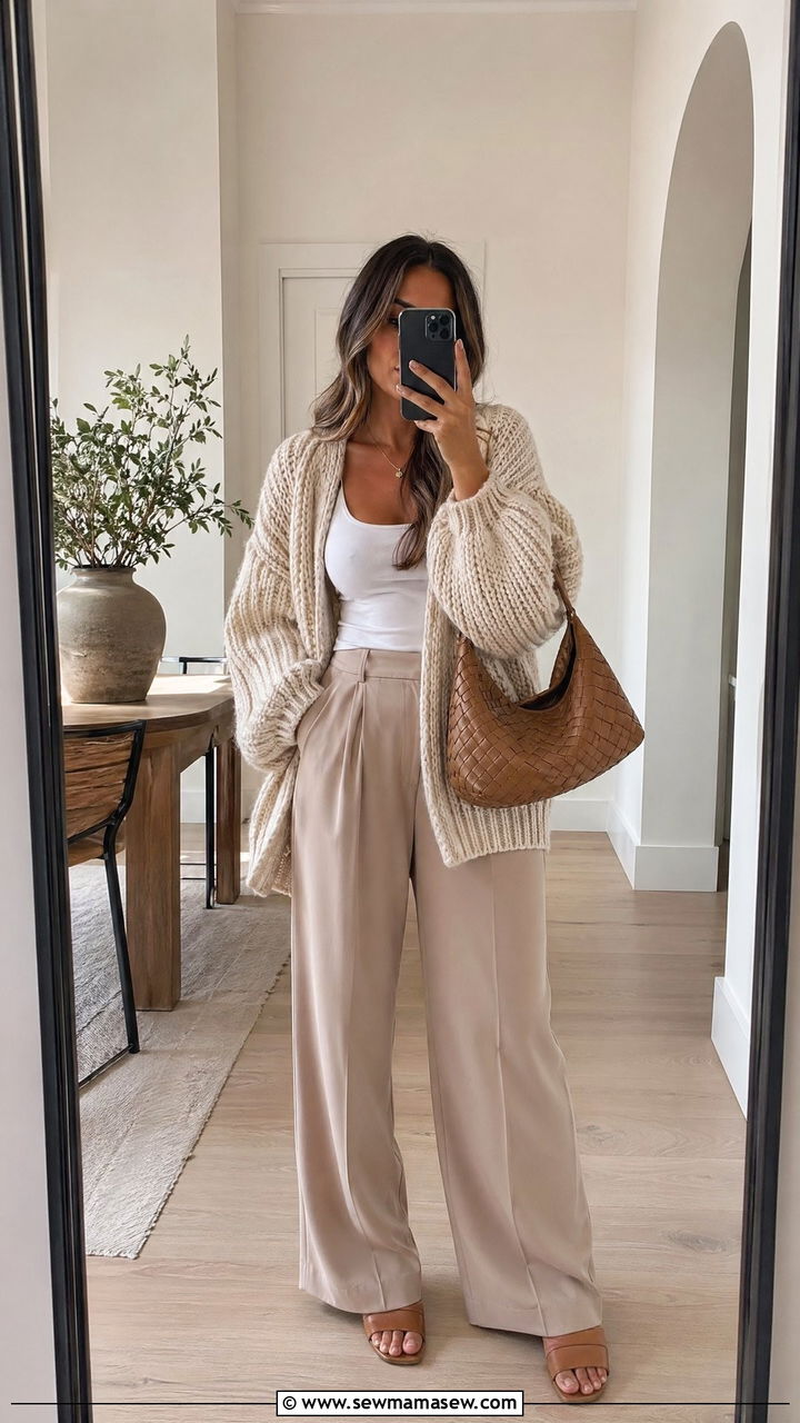 Chunky Cardigan With Tank Top Wide Leg Trousers and Mules - 35 Spring transition outfits