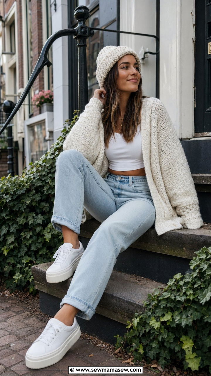 Chunky Cardigan and Light Wash Mom Jeans Amsterdam - 30 Amsterdam outfit ideas