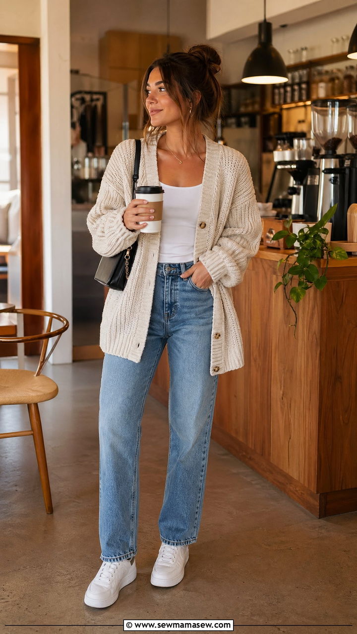 Chunky Cardigan with Denim and White Sneakers - 35 college outfit ideas for women