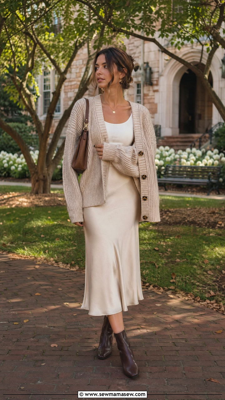 Chunky Cardigan with Slip Skirt - 35 college outfits for women
