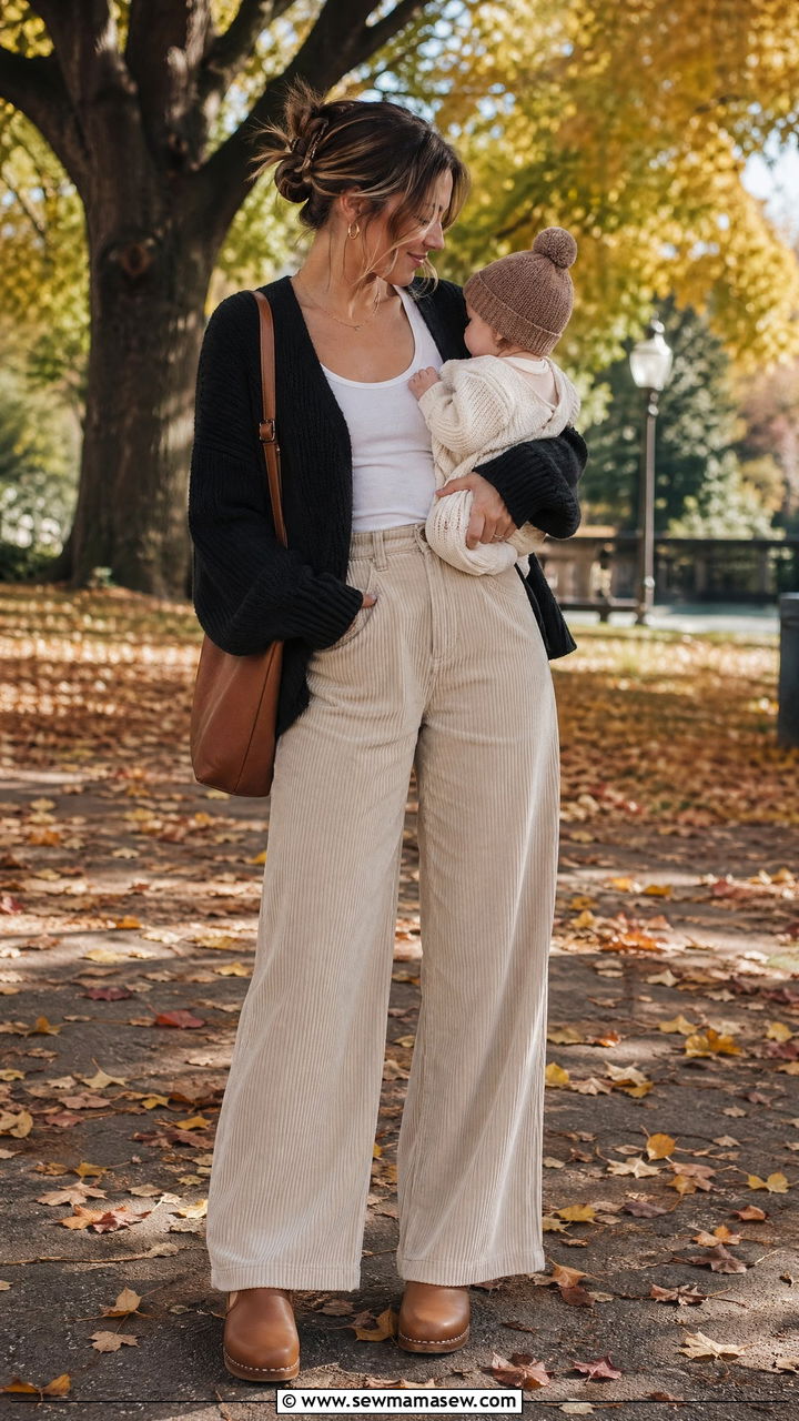 Chunky Cardigan with Wide Leg Corduroy Pants Outfit - 35 casual outfits for new moms