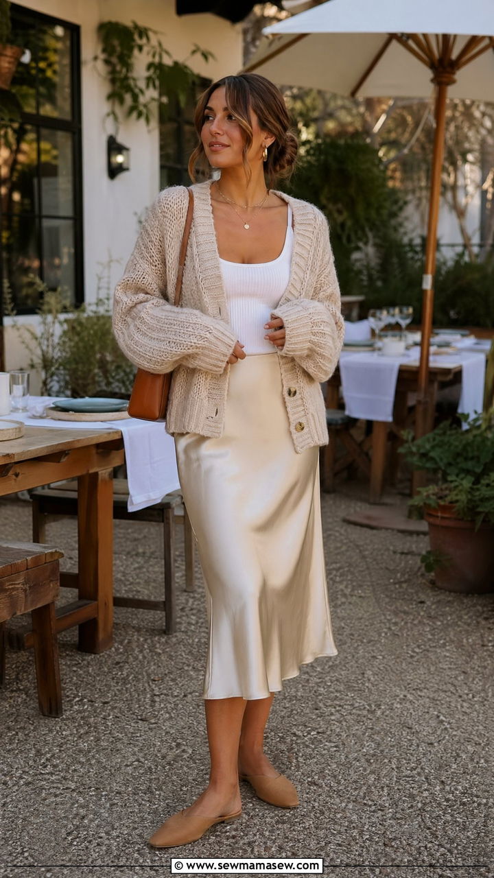 Chunky Cardigan with a Slip Skirt - 35 what to wear to brunch