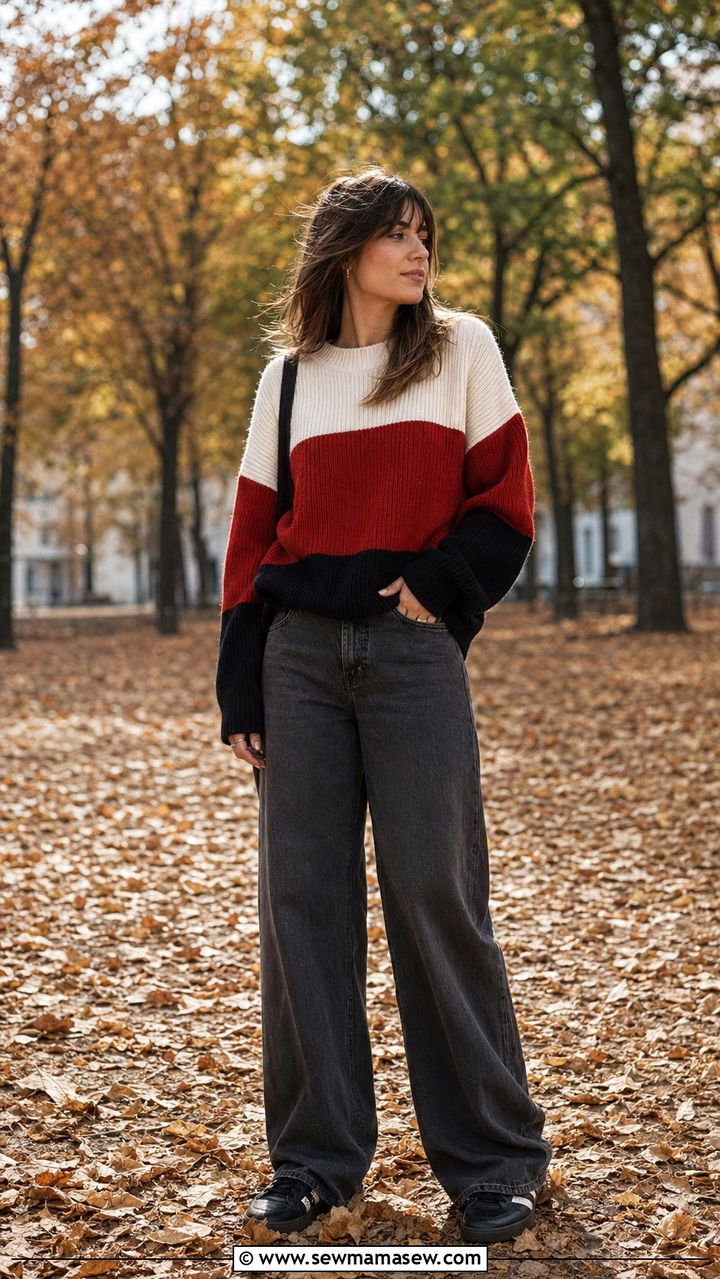 Chunky Colorblock Ribbed Sweater with Charcoal Wide Leg Jeans - 35 Paris outfits for women