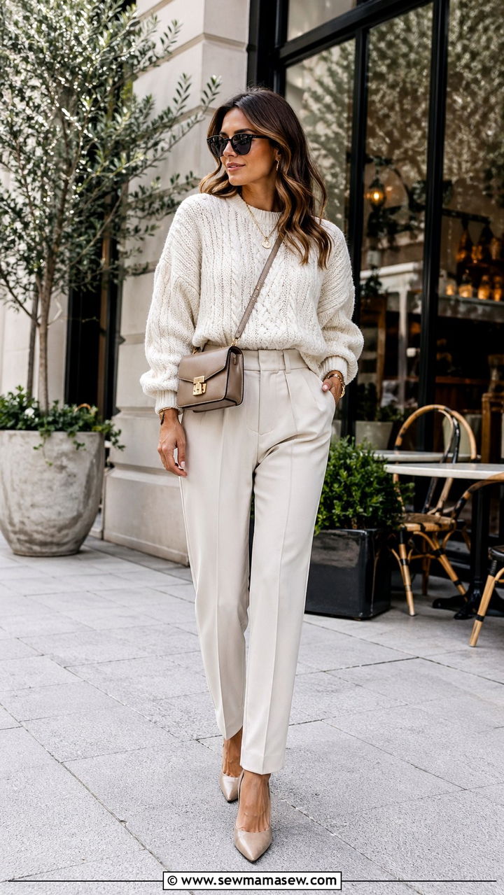 Chunky Cream Cable Knit With Tailored Trousers - 30 Spring clean girl outfits 2026