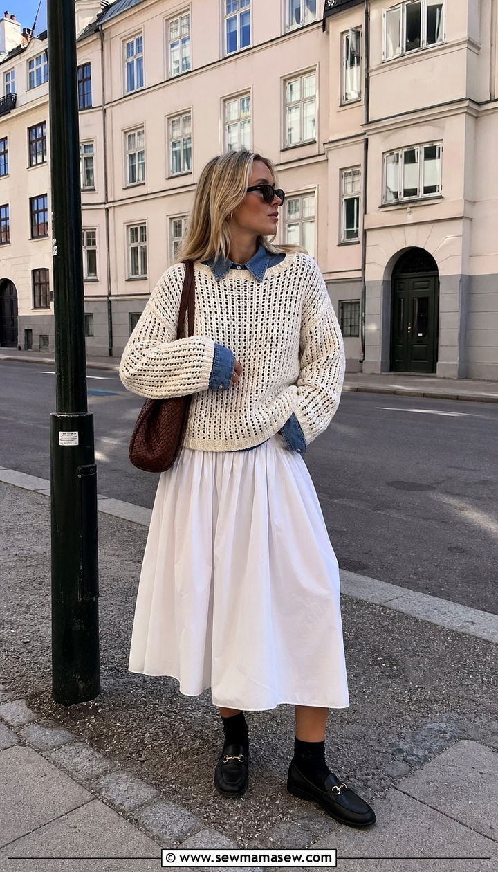 Chunky Cream Sweater over Denim Shirt with White Midi Skirt Outfit - 35 Scandinavian outfit ideas