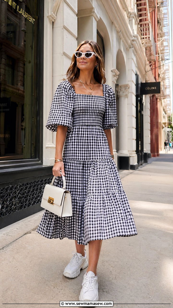 Chunky Dad Sneakers With a Gingham Midi Dress - 35 Summer outfits with sneakers