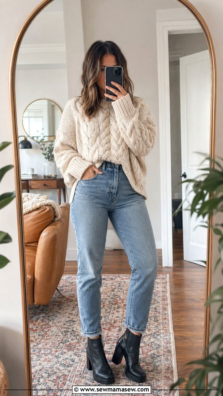 Chunky Heel Ankle Boots With Mom Jeans And Oversized Sweater Outfit - 30 Ankle boots outfit ideas with jeans