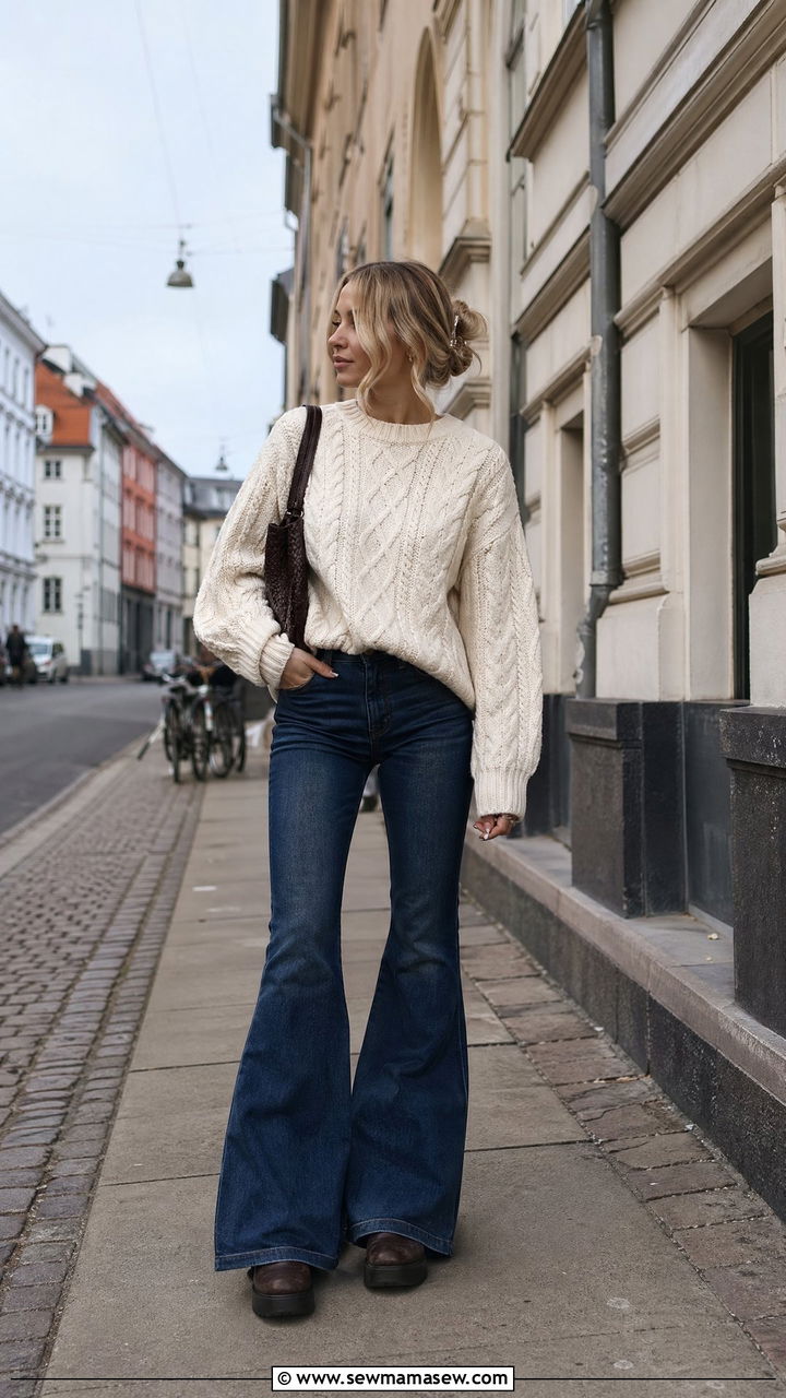 Chunky Knit And Flared Jeans Copenhagen Outfit - 35 Copenhagen outfits ideas