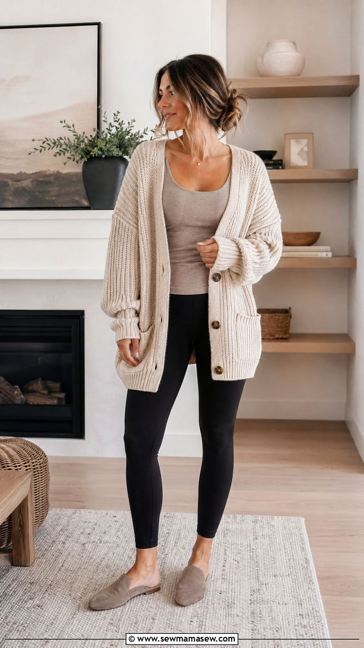 Chunky Knit Cardigan Over Leggings With Slip On Mules - 35 Classy loungewear outfit ideas