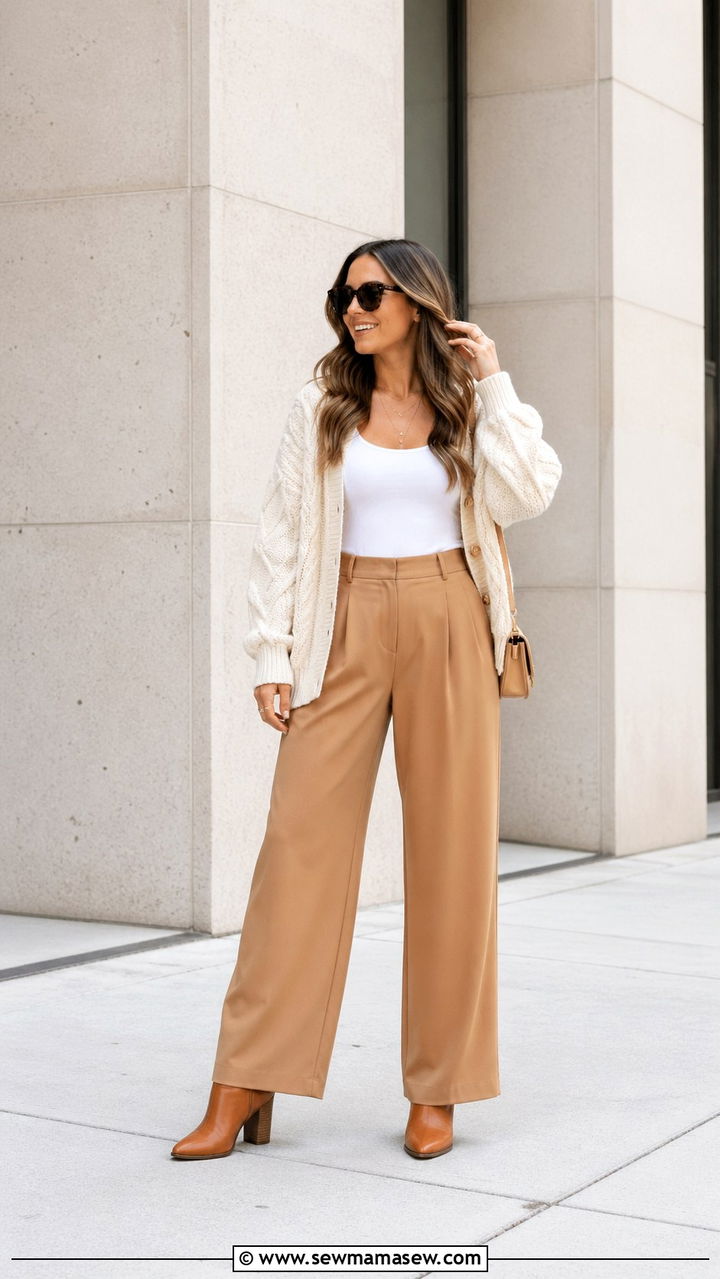 Chunky Knit Cardigan With Wide Leg Pants - 30 spring cardigan outfit ideas