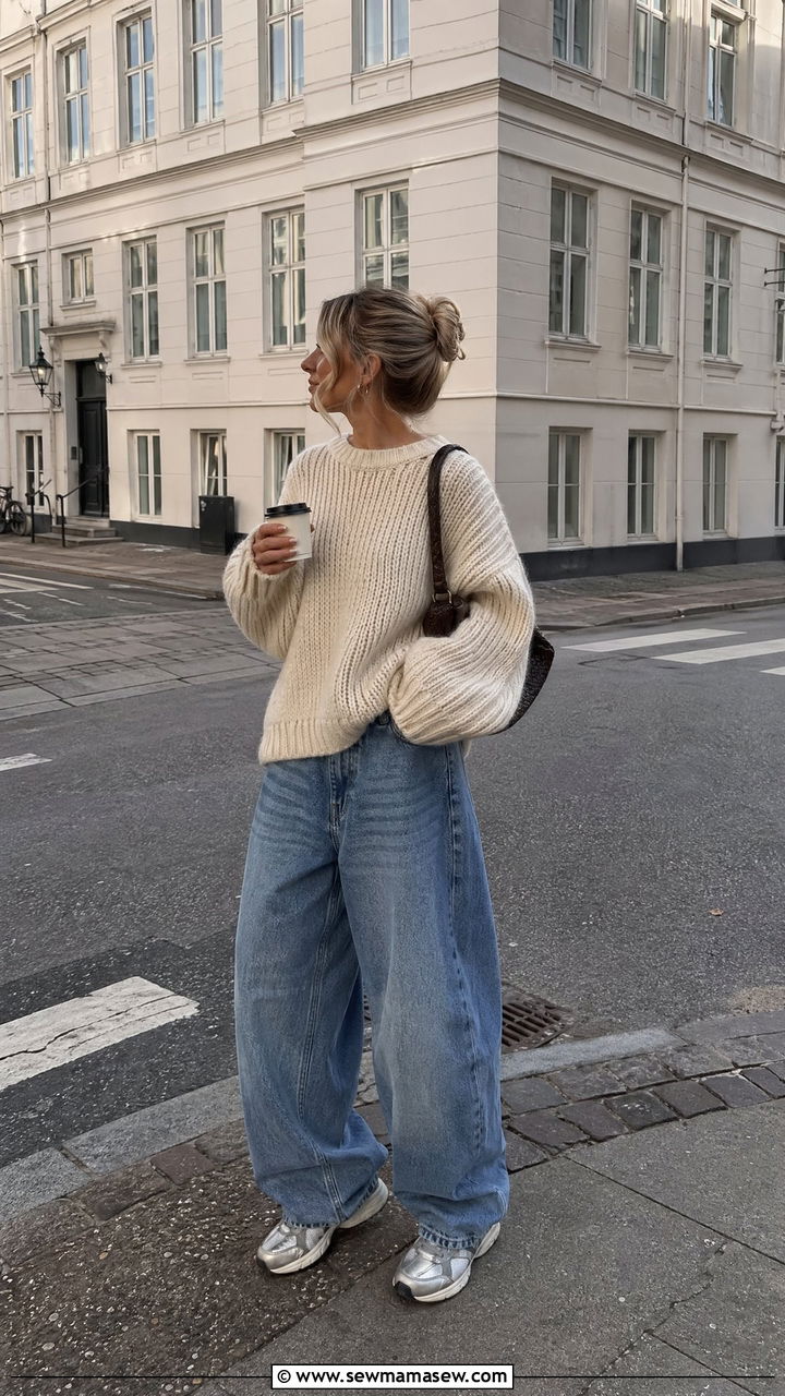 Chunky Knit Sweater And Baggy Jeans Copenhagen Outfit - 35 Copenhagen outfits ideas