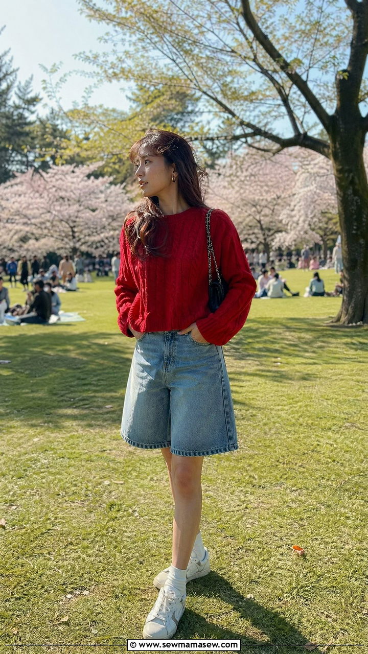 Chunky Knit Sweater And Denim Shorts Outfit Spring Japan - 35 Spring Japan outfit ideas