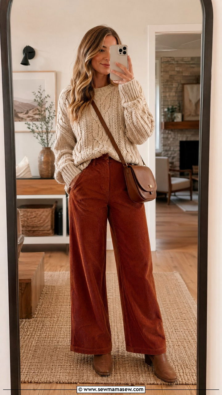 Chunky Knit Sweater And Wide Leg Corduroy Pants - 35 casual wide leg pants outfits