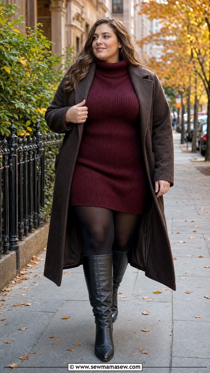 Chunky Knit Sweater Dress With Knee High Boots - 30 Best dresses for curvy women
